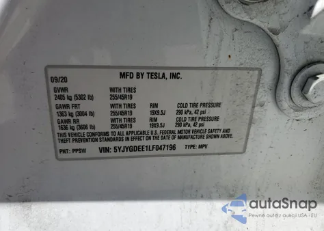 2020 Tesla Model Y из США, поврежденный, VIN 5YJYGDEE1LF047196
